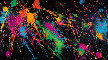 Poster - Dynamic, colorful paint splashes on a dark black background, showcasing a modern abstract design with neon hues