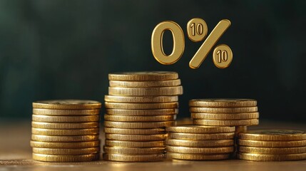 Aufkleber - Stacks of shiny gold coins with a percentage symbol rising from them, illustrating the concept of interest rates and financial growth