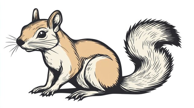 A stylized illustration of a squirrel.  Features a detailed rendering of the animal's body, face, and tail, with a focus on intricate line work and muted color palette.  