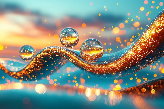 Shimmering Golden Wave with Reflective Spheres and Sunset Background