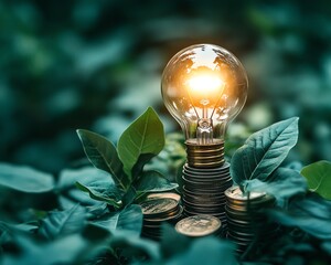Poster - Creative innovation symbolized by a glowing light bulb on stacked coins, surrounded by lush green leaves, reflecting growth, investment, and sustainable ideas