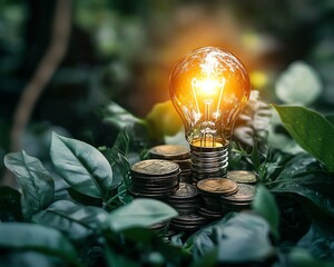 Poster - Creative innovation symbolized by a glowing light bulb on stacked coins, surrounded by lush green leaves, reflecting growth, investment, and sustainable ideas