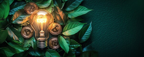 Aufkleber - Concept of investment growth represented by a light bulb on coins, surrounded by vibrant green leaves, highlighting the fusion of nature and creativity
