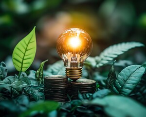 Poster - Creative innovation symbolized by a glowing light bulb on stacked coins, surrounded by lush green leaves, reflecting growth, investment, and sustainable ideas