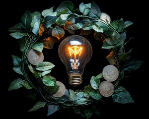 Aufkleber - Innovation and investment visualized with a glowing light bulb on coins, encircled by fresh green leaves, representing the growth of ideas and financial prosperity