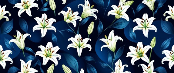 Aufkleber - lily pattern on blue plain background digital abstract art work illustration design