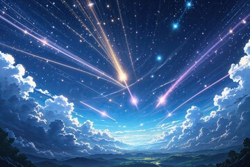 Wall Mural - surreal anime universe wallpaper with fantastical skies, shimmering star trails, and radiant meteori