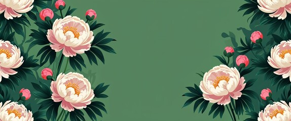 Poster - peony pattern on green plain background digital abstract art work illustration design