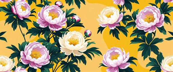 Aufkleber - peony pattern on yellow plain background digital abstract art work illustration design