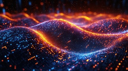 Poster - Abstract Digital Landscape: Glowing Waves of Data
