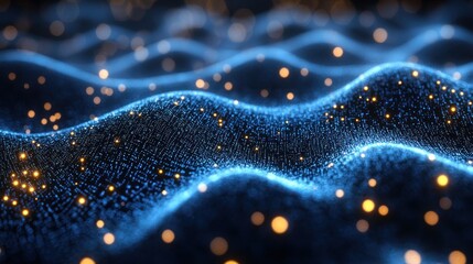 Poster - Abstract Blue Digital Wave with Golden Lights: A Stunning Visual Representation of Data Flow and Connectivity