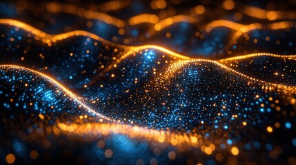 Poster - Abstract Digital Landscape: Blue and Orange Glowing Waves