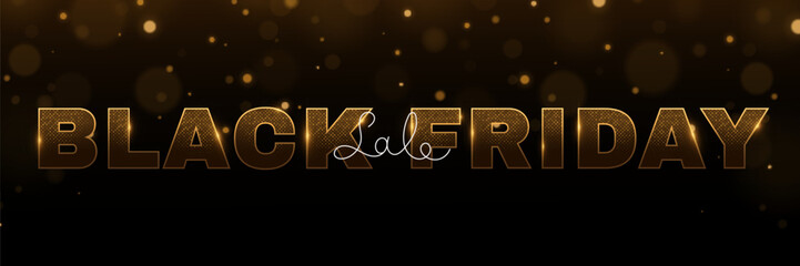 Poster - Black Friday sale cover design. Banner with letters of golden glittering halftone effect. Fashion advertising promotion. Vector illustration. EPS 10