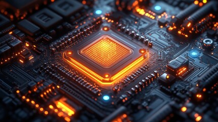 Poster - Glowing CPU in Circuit Board: A High-Tech Microcosm