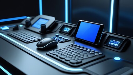 Poster - Mobile phone and laptop on office desk with keyboard and notebook showing technology and communication tools for work and business
