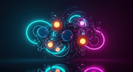 Poster - Abstract Neon Spheres and Rings 3D Render: Futuristic Vibrant Energy