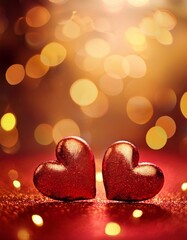 Wall Mural - a beautiful bokeh golden background with two red hearts representing love in honor of saint valentin