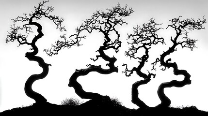 Silhouette of three gnarled trees against a white background.