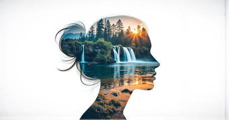 Poster - A woman's silhouette is creatively filled with a stunning nature scene of a waterfall cascading through lush trees during a vibrant sunset.