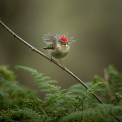 Wall Mural - vibrant european goldcrest in forest