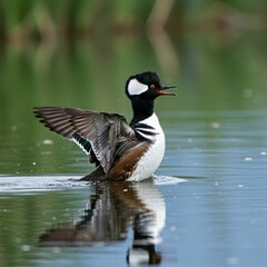 Wall Mural - hooded merganser duck on a tranquil lake.