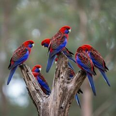 Wall Mural - crimson rosellas perched on tree stump