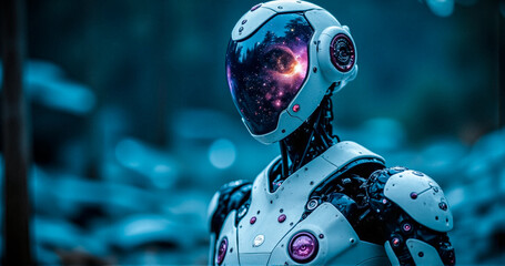 Poster - A sleek futuristic robot stands amidst a shadowy forest. Its reflective visor mirrors a vibrant nebula, creating a striking contrast against the dark, natural setting.