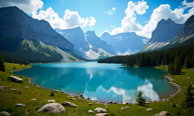 Poster - A serene mountain lake reflects the clear blue sky, surrounded by lush green forest and majestic rocky peaks on a bright sunny day.