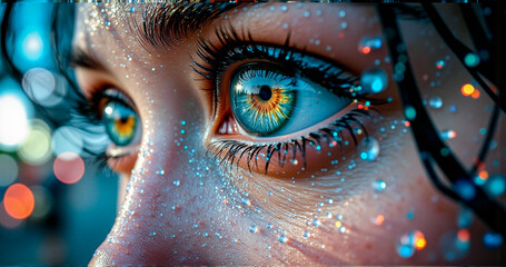 Aufkleber - Close-up capturing captivating eyes with vibrant blue and yellow hues, adorned with shimmering water droplets. Bokeh lights softly glow in the blurred background.