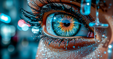 Fototapete - A striking close-up of an eye with a mesmerizing blue and orange iris. Glittery skin and a soft, blurred backdrop enhance the artistic and futuristic feel.