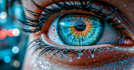 Fototapete - A captivating close-up of a human eye with a vibrant blue and orange iris, surrounded by dark eyelashes and shimmering glitter, set against a soft bokeh backdrop.