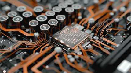 Poster - centralized circuitry: an extreme close-up of a motherboard, its intricate circuitry rendered in a b