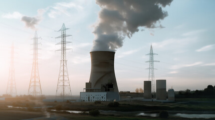 Poster - Energy Powerhouse: A colossal power plant, spewing vapor into the sky, exemplifies industrial might. Surrounded by power lines against a soft sunrise or sunset hue. 