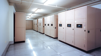 Poster - Data Storage Room: A long corridor showcases rows of data storage cabinets with digital interfaces, hinting at technology and information processing within the structured interior.