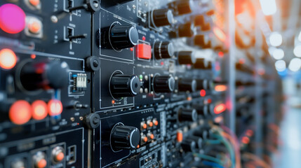 Poster - Industrial Technology: Exploring the complexities of an industrial control panel with its array of buttons and knobs, designed to regulate machinery and equipment.