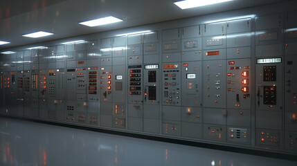 Poster - Control Panel Room: An expansive view of a modern control panel room, showcasing rows of complex electronic control panels with illuminated displays.