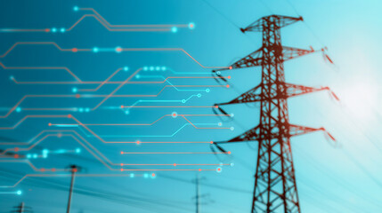 Poster - Power Grid Connectivity: A striking image of a power grid tower, intertwined with a digital circuit overlay, symbolizing the modern connection between infrastructure and technology.