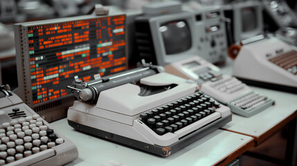 Poster - Nostalgic Technology: A captivating display of vintage typewriters and computer terminals, showcasing the evolution of technology.