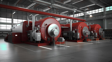 Poster - Powerhouse Equipment: A line of industrial machinery, painted a striking red, stands in a spacious industrial plant, embodying power, efficiency, and the core of modern production.