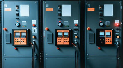Poster - power distribution panel: a close-up shot of a row of electrical control panels, showcasing a networ