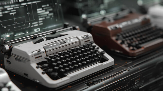 Vintage Typewriters: A detailed shot of old typewriters, one retro and another modern, set in a vintage style. The image evokes a sense of nostalgia, history and classic design.