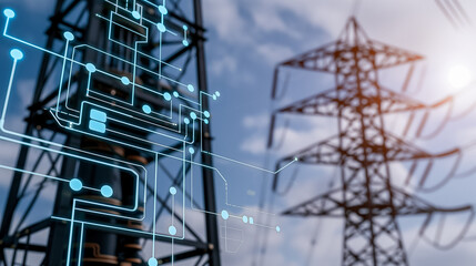 Poster - power grid: a complex network of power lines and transmission towers stretches against a bright sky,