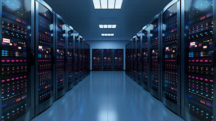 Fototapete - Data Fortress: A meticulously designed server room, packed with rows of cutting-edge server racks, illustrates the core of modern data processing. It's a glimpse into the digital realm.