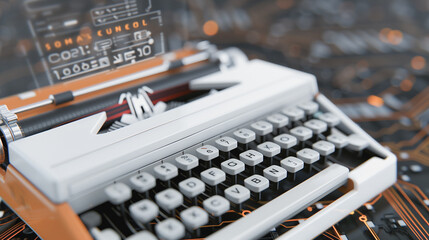 Poster - Typewriter and Futuristic Interface: A close-up of a vintage typewriter, its keys illuminated, overlayed with a sleek futuristic digital interface.
