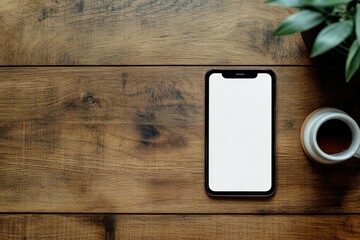 Poster - High Detail Visual of Top View of Wooden Table with Smartphone Mockup