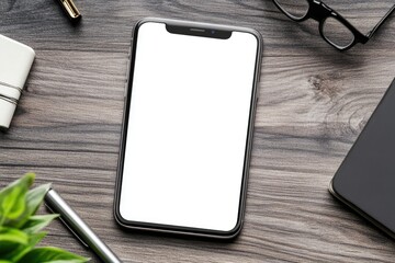 Poster - High Definition View of Top View Phone Mock Up with Stationery