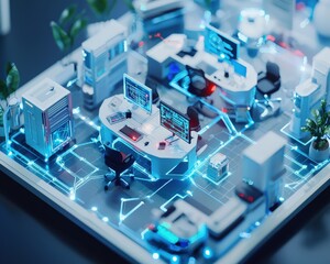 Poster - A detailed diagram of a futuristic workplace with enhanced safety features