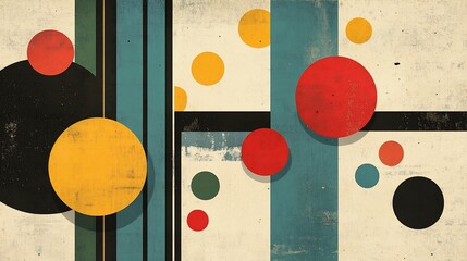 Poster - Vibrant geometric composition with retro textured circles and vertical bars