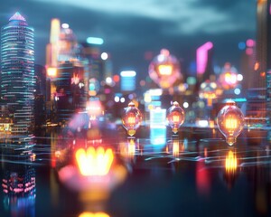 Poster - A futuristic city with floating light bulbs as streetlights, representing innovation in urban design