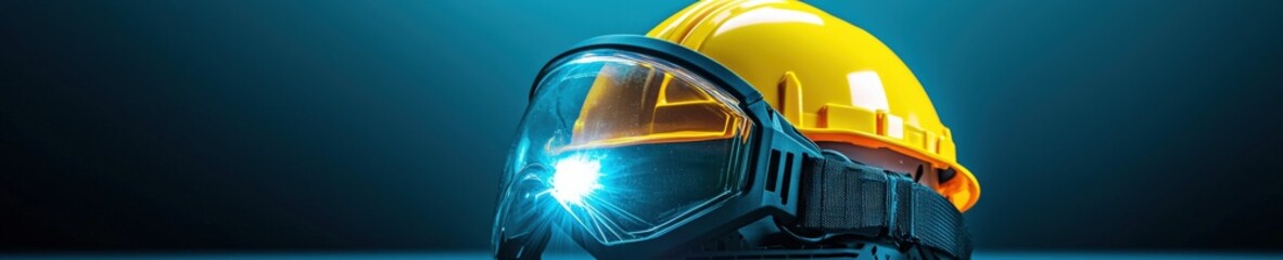 Poster - A futuristic hard hat with a built-in flashlight and visor